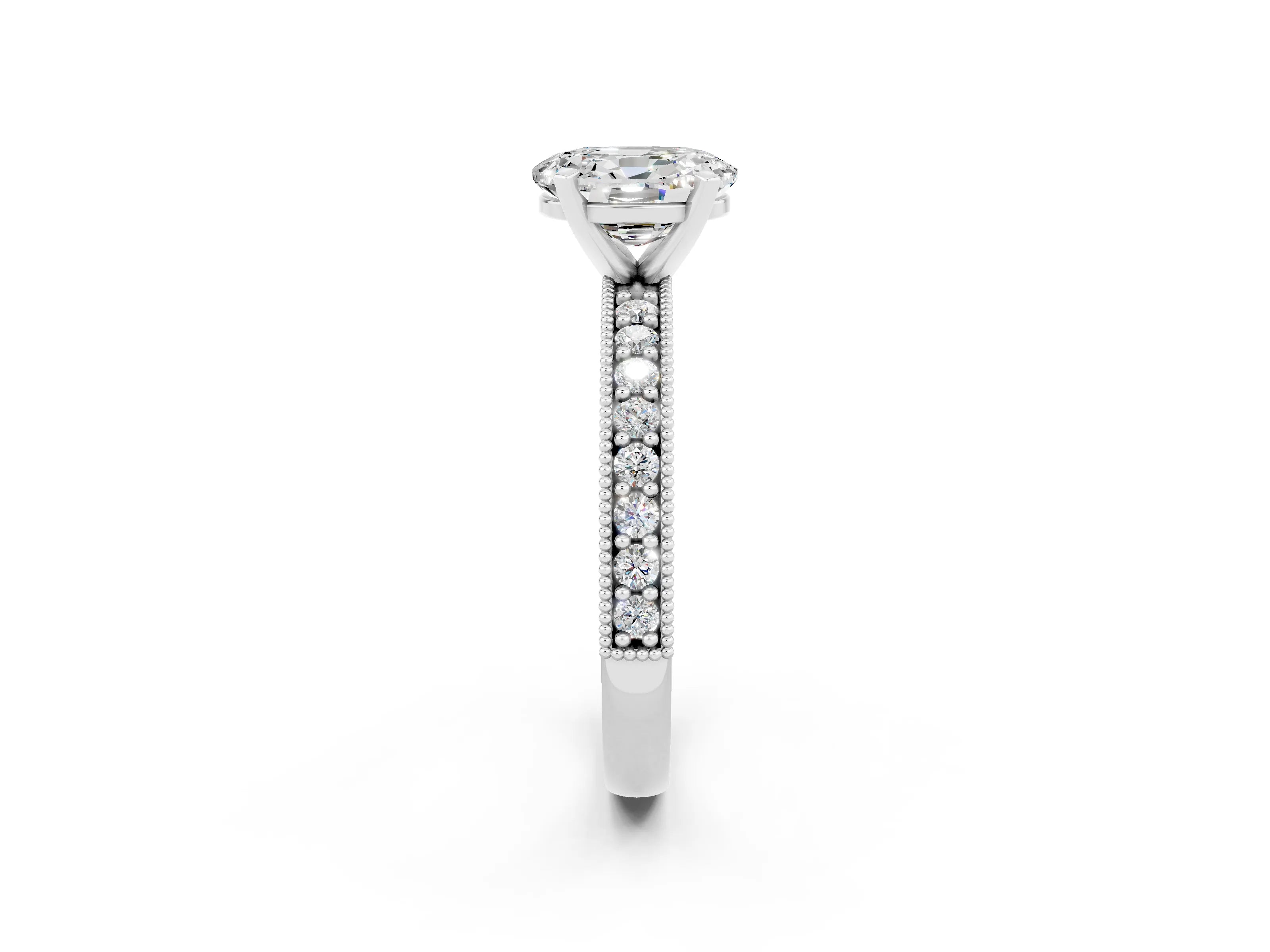 White gold Oval Cut Moissanite Milgrain Pavé Engagement Ring with Four-Prong Setting_14