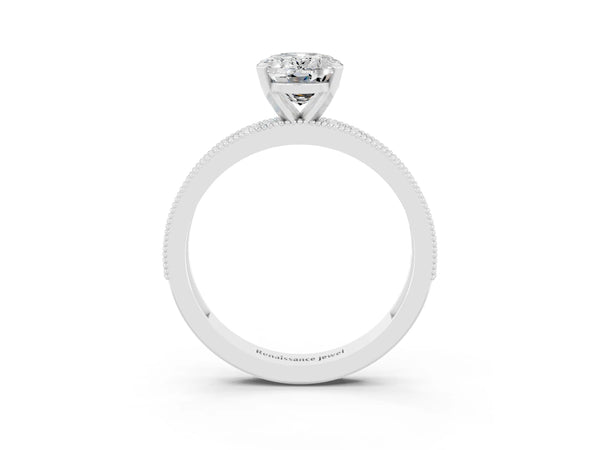 Platinum Oval Cut Moissanite Milgrain Pavé Engagement Ring with Four-Prong Setting