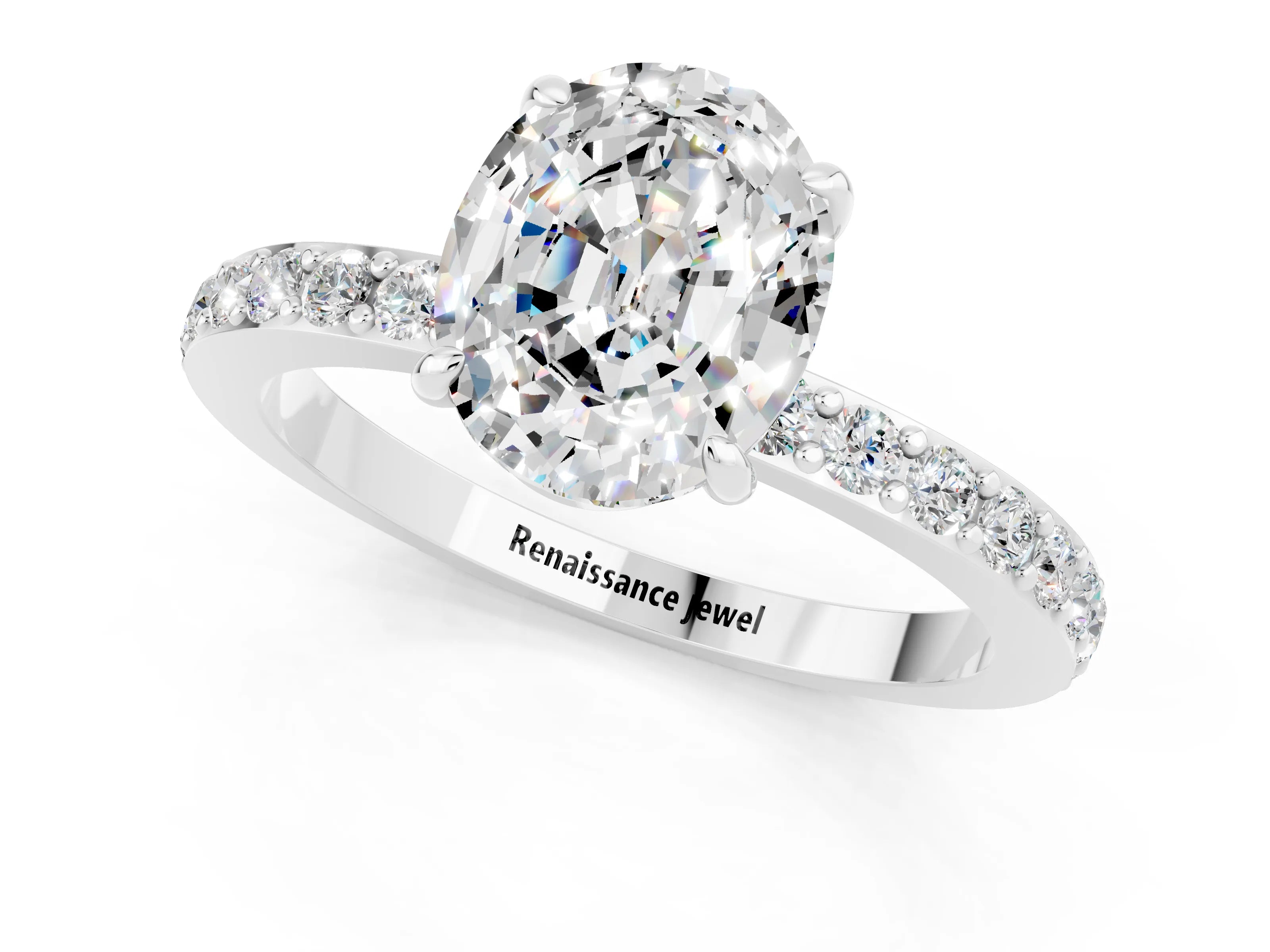 White gold Oval Cut Moissanite Pavé Engagement Ring with Round  Accents and Prong Setting_25