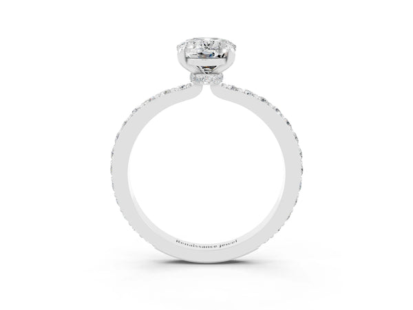 Silver Oval Cut Moissanite Pavé Engagement Ring with Round  Accents and Prong Setting