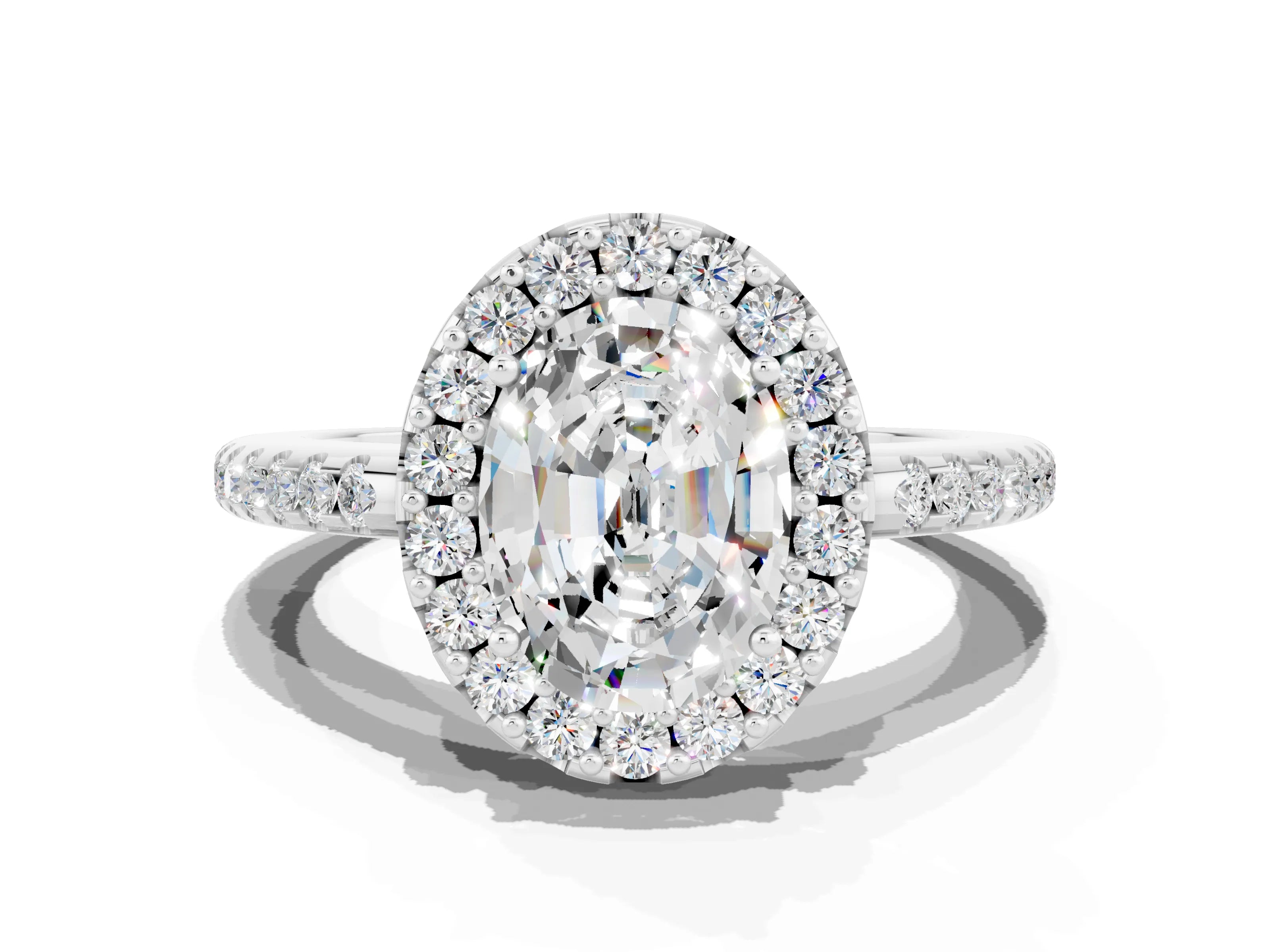 White gold Oval Cut Moissanite Pavé Halo Ring with Four-Prong Setting_12