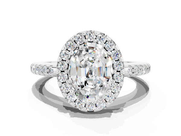 Platinum Oval Cut Moissanite Pavé Halo Ring with Four-Prong Setting