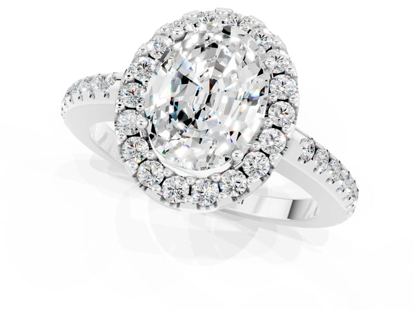 Platinum Oval Cut Moissanite Pavé Halo Ring with Four-Prong Setting