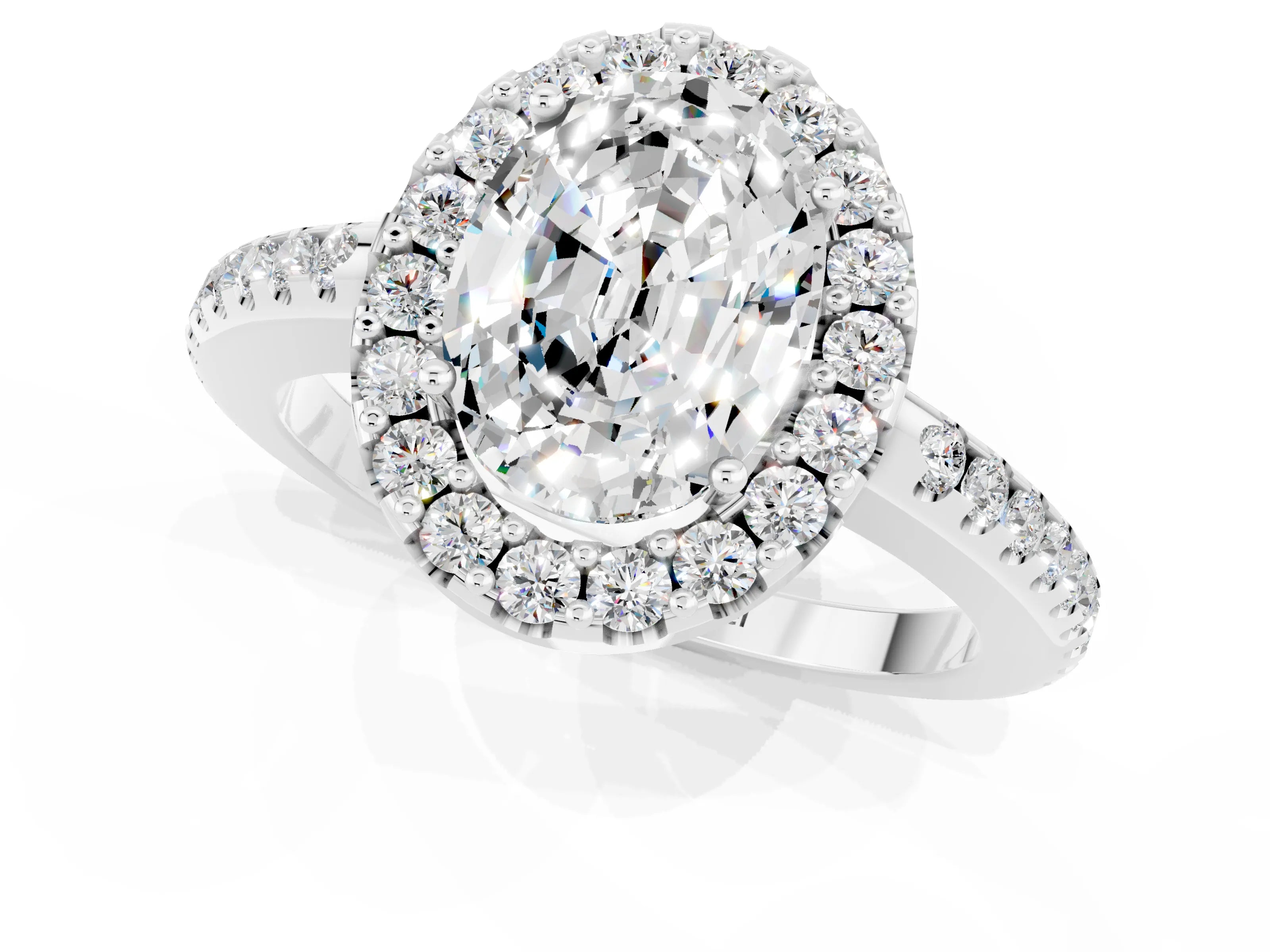 White gold Oval Cut Moissanite Pavé Halo Ring with Four-Prong Setting_13