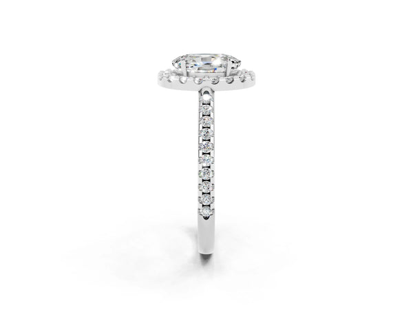 White gold Oval Cut Moissanite Pavé Halo Ring with Four-Prong Setting