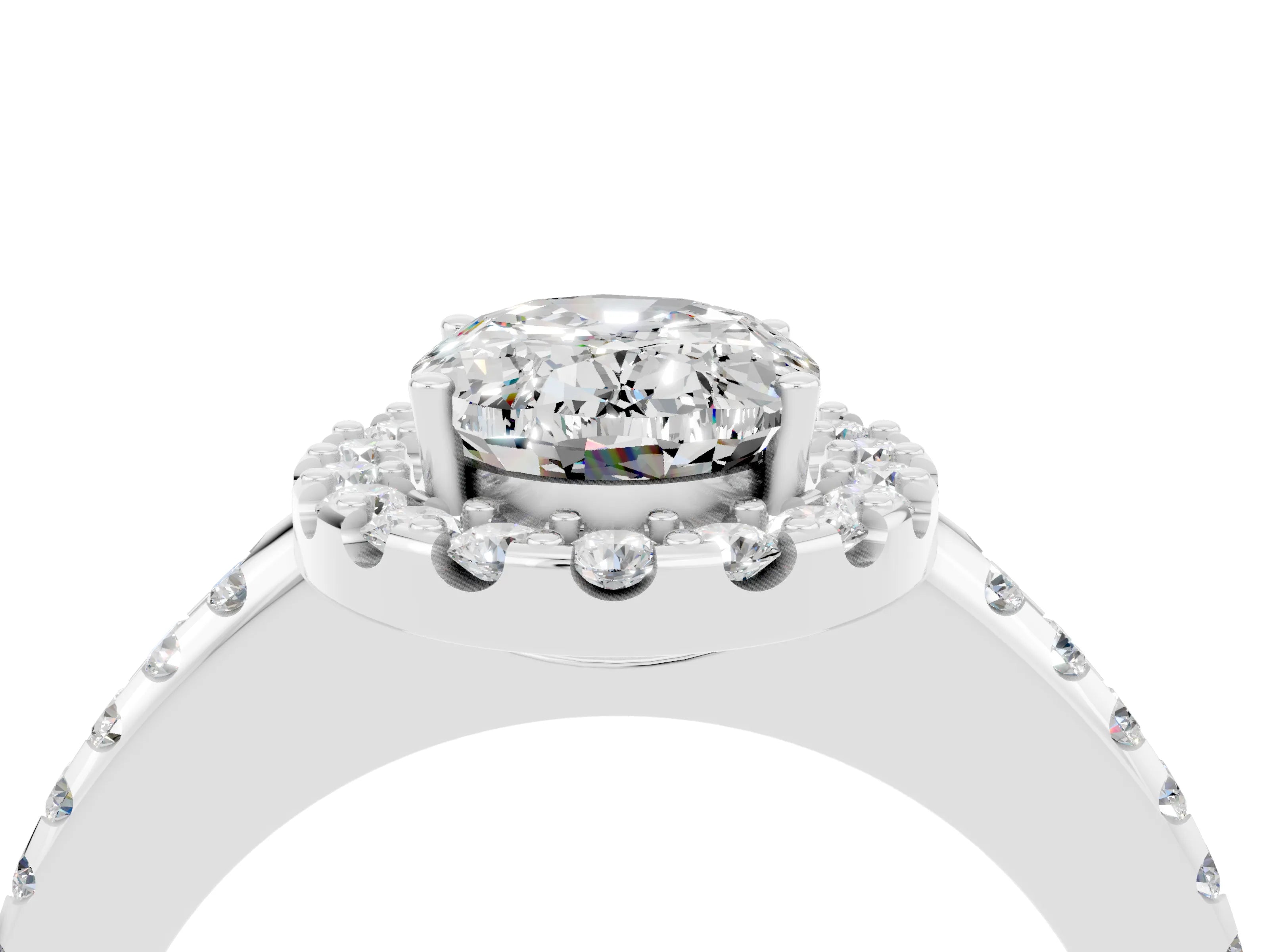 White gold Oval Cut Moissanite Pavé Halo Ring with Four-Prong Setting_16