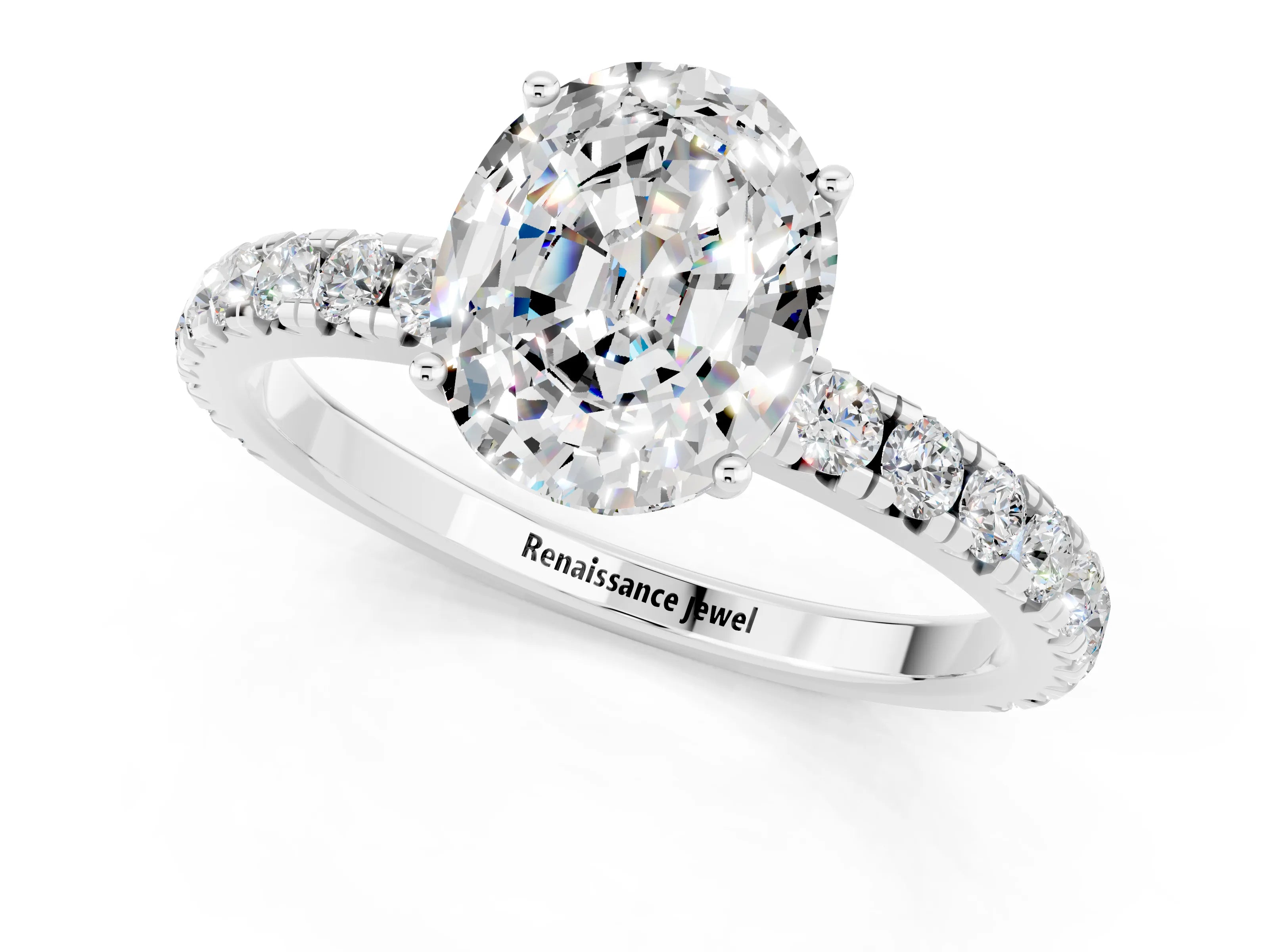 White gold Oval Cut Moissanite Pavé Solitaire Engagement Ring with Four-Prong Setting_34