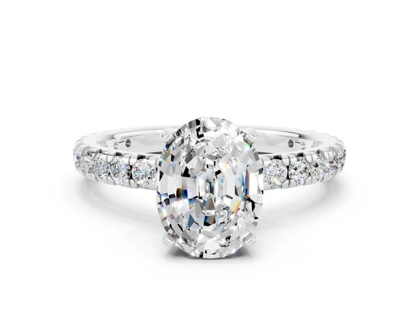 Platinum Oval Cut Moissanite Pavé Solitaire Ring with Round Band and Prong Setting