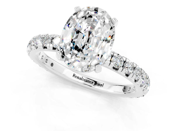 Platinum Oval Cut Moissanite Pavé Solitaire Ring with Round Band and Prong Setting