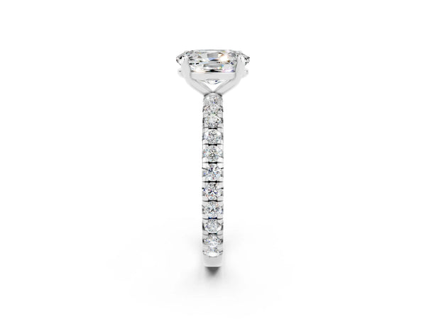 Platinum Oval Cut Moissanite Pavé Solitaire Ring with Round Band and Prong Setting