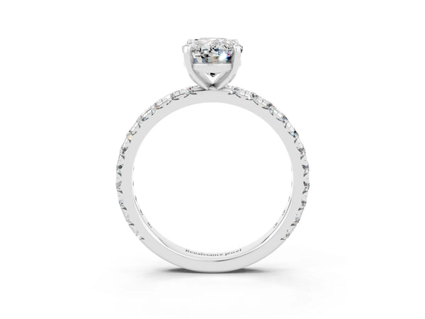 Platinum Oval Cut Moissanite Pavé Solitaire Ring with Round Band and Prong Setting