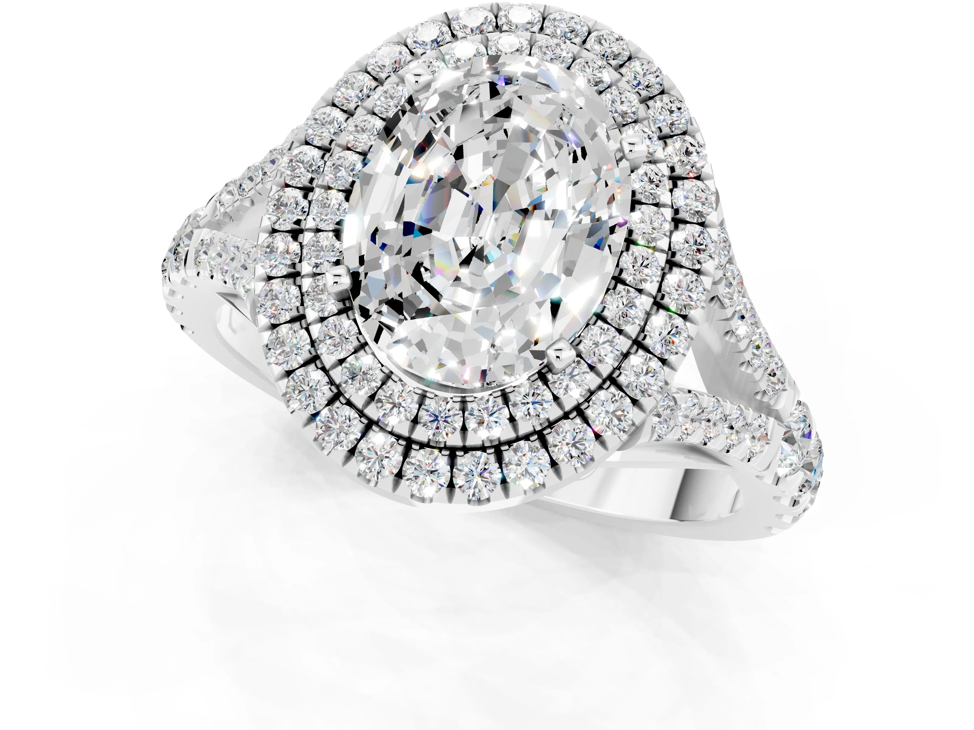 White gold Oval Cut Moissanite Pavé Split Shank Double Halo Engagement Ring_1