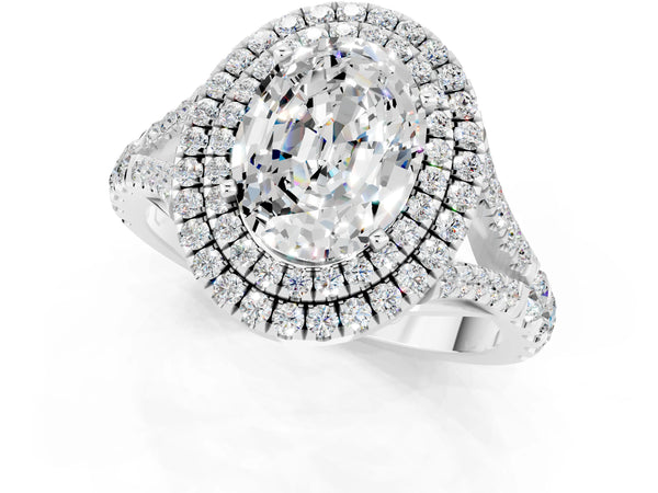 White gold Oval Cut Moissanite Pavé Split Shank Double Halo Engagement Ring