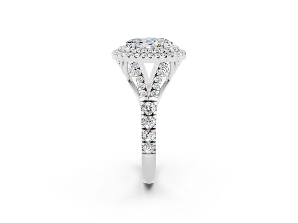 Platinum Oval Cut Moissanite Pavé Split Shank Double Halo Engagement Ring