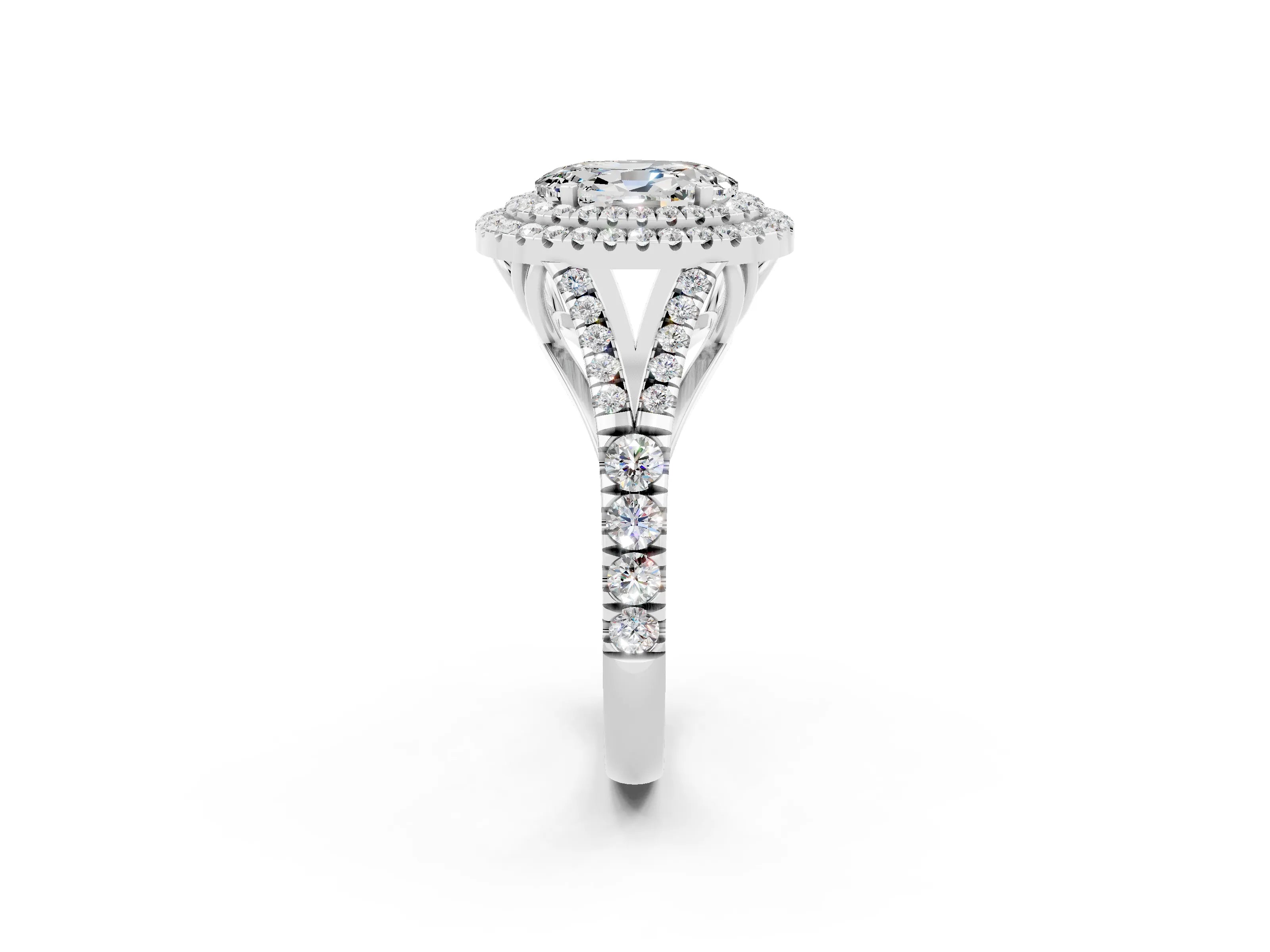 White gold Oval Cut Moissanite Pavé Split Shank Double Halo Engagement Ring_2