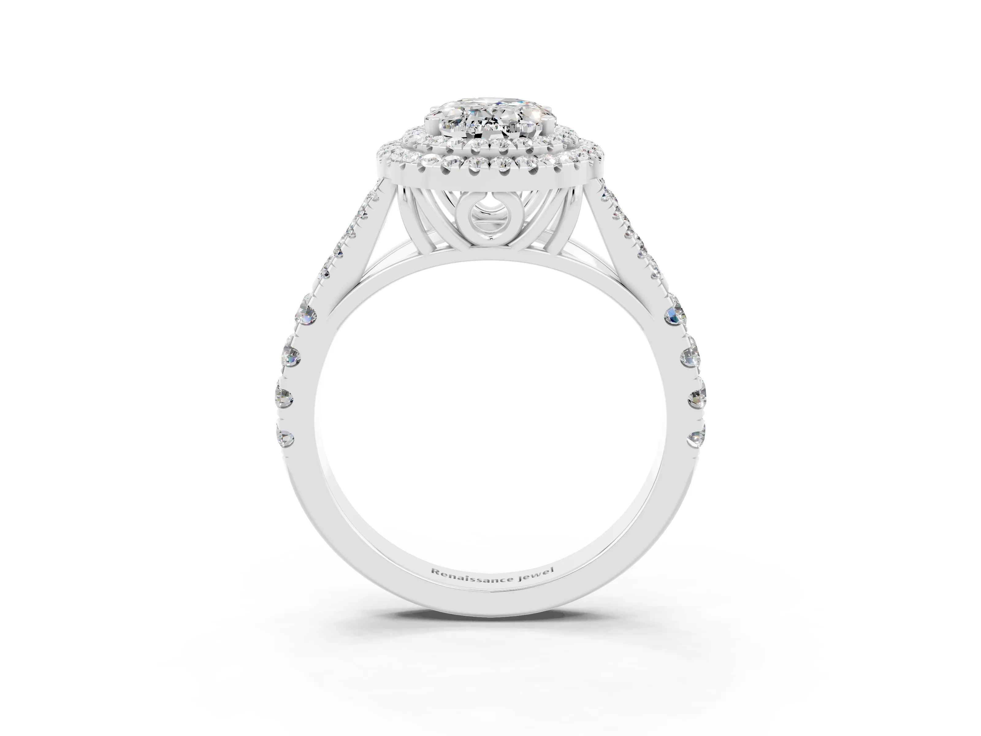 White gold Oval Cut Moissanite Pavé Split Shank Double Halo Engagement Ring_3