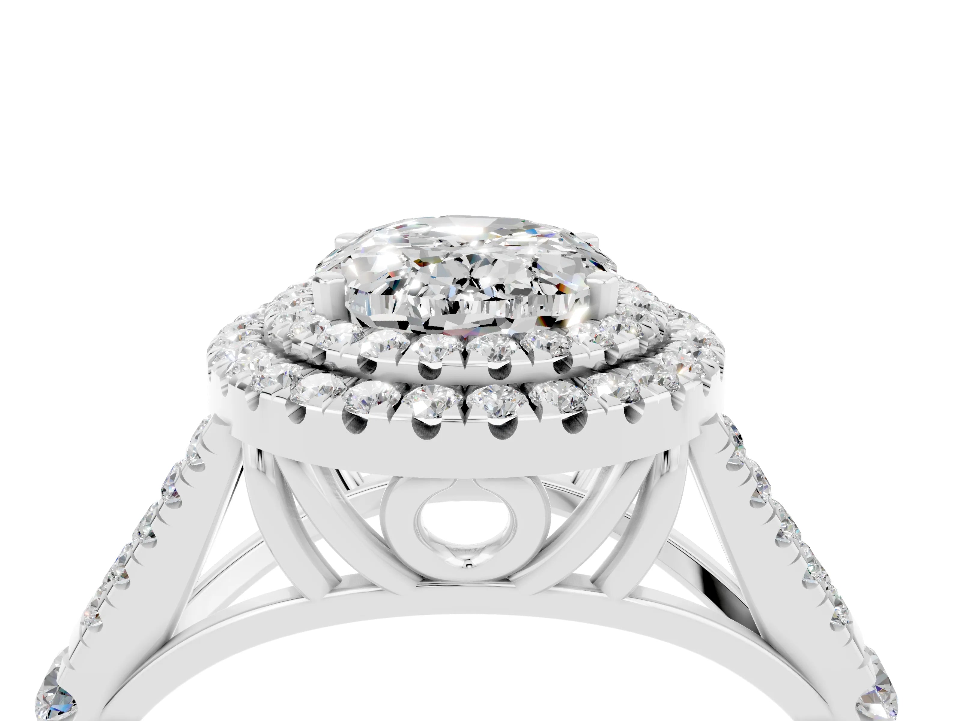 White gold Oval Cut Moissanite Pavé Split Shank Double Halo Engagement Ring_4
