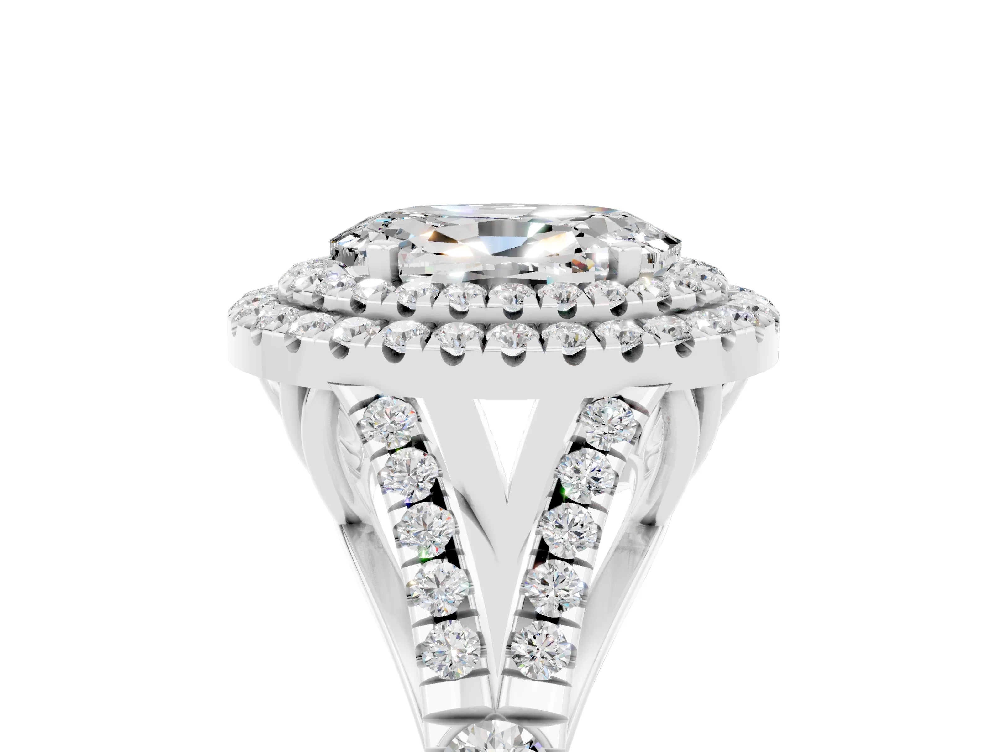 White gold Oval Cut Moissanite Pavé Split Shank Double Halo Engagement Ring_5