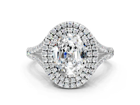 White gold Oval Cut Moissanite Pavé Split Shank Double Halo Engagement Ring