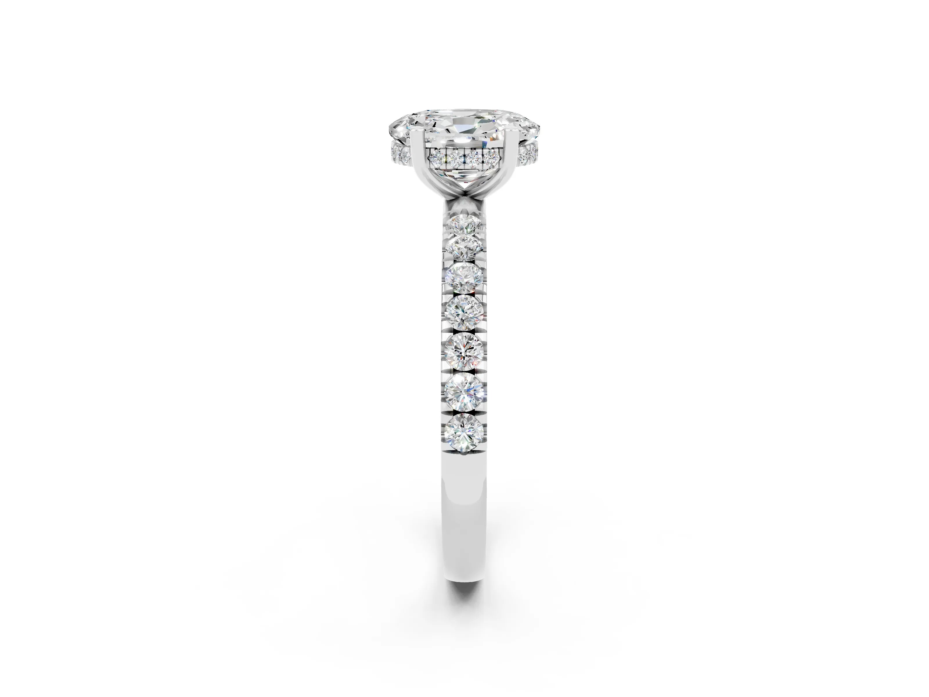 White gold Oval Cut Moissanite Pave Band Solitaire Ring with Four-Prong Setting_14