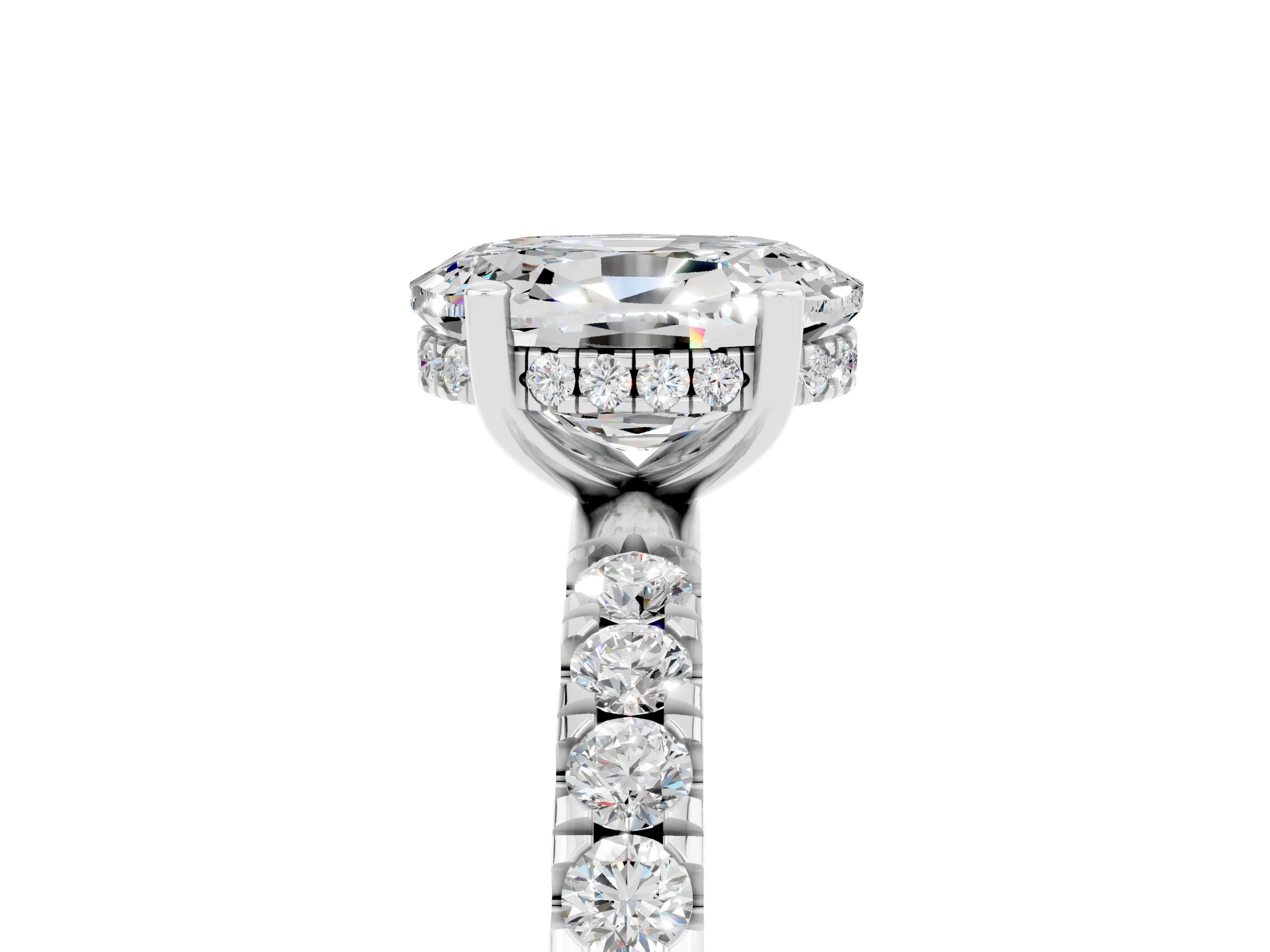White gold Oval Cut Moissanite Pave Band Solitaire Ring with Four-Prong Setting_17