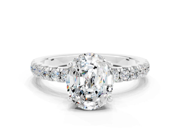 Platinum Oval Cut Moissanite Pave Band Solitaire Ring with Round  and Prong Setting