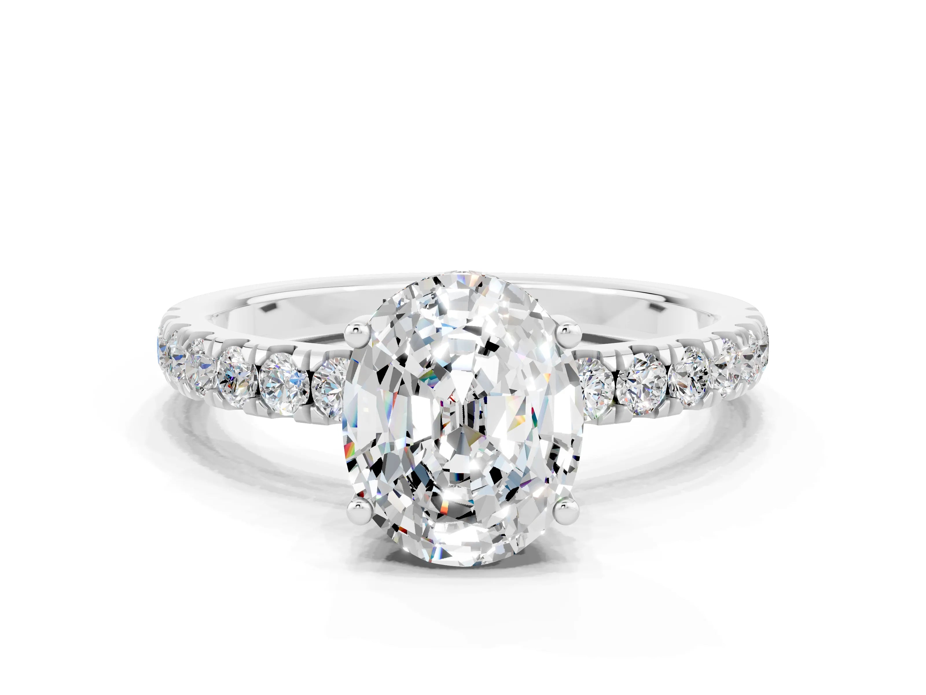 White gold Oval Cut Moissanite Pave Band Solitaire Ring with Four-Prong Setting_24