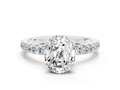 White gold Oval Cut Moissanite Pave Band Solitaire Ring with Four-Prong Setting_24