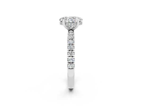White gold Oval Cut Moissanite Pave Band Solitaire Ring with Round  and Prong Setting