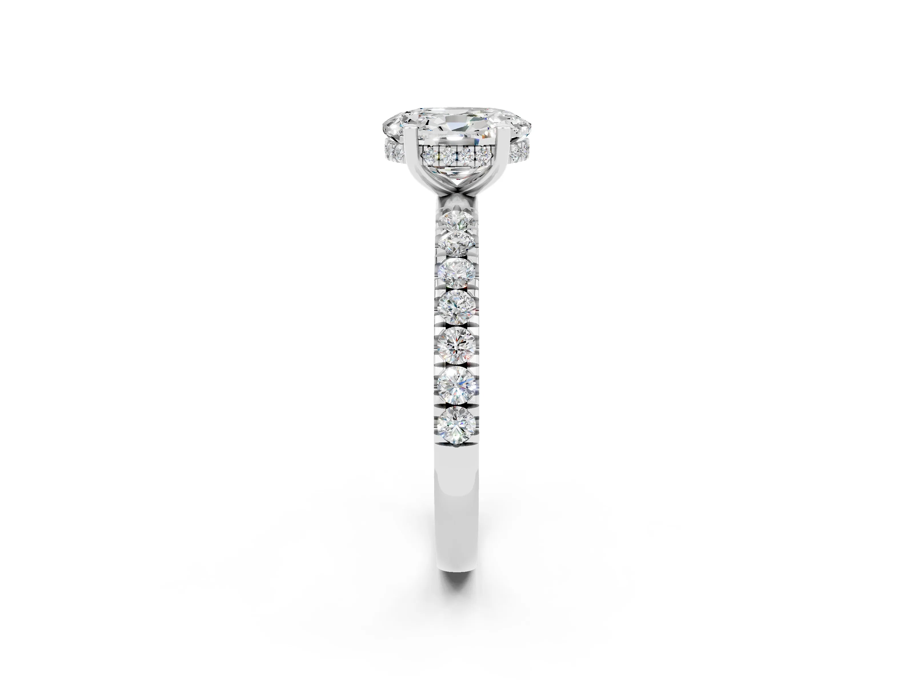 White gold Oval Cut Moissanite Pave Band Solitaire Ring with Four-Prong Setting_26