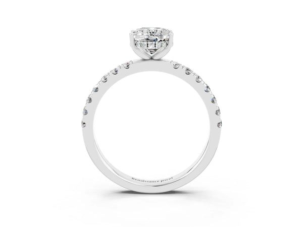 White gold Oval Cut Moissanite Pave Band Solitaire Ring with Round  and Prong Setting