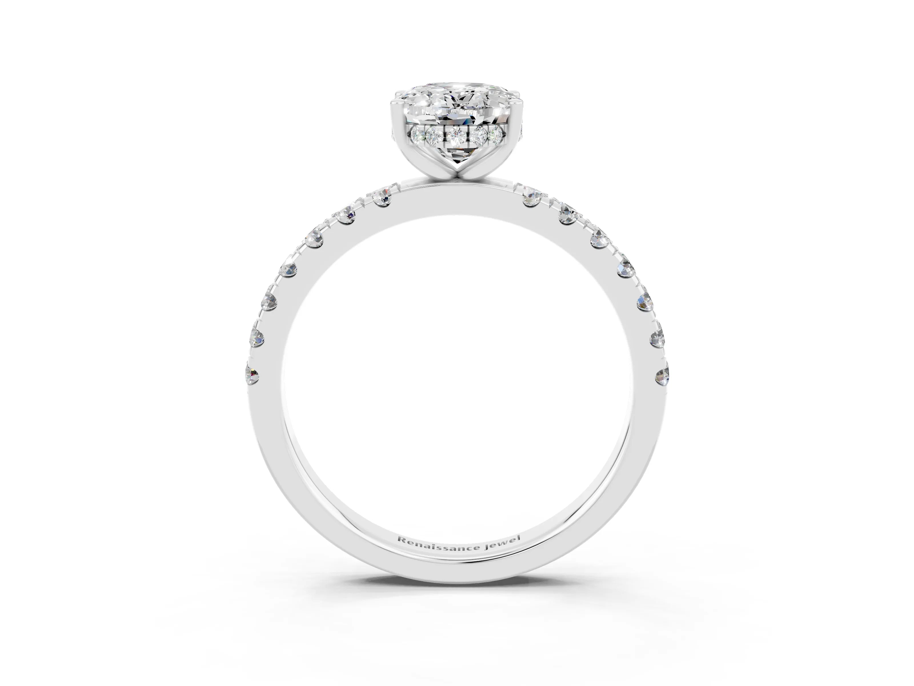 White gold Oval Cut Moissanite Pave Band Solitaire Ring with Four-Prong Setting_27