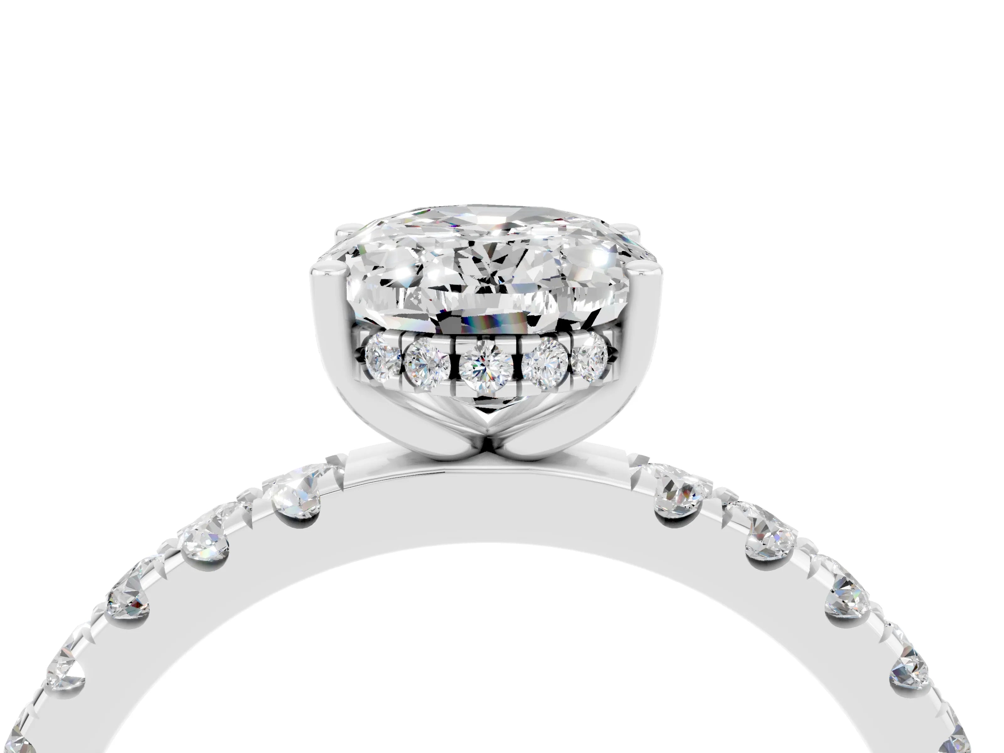 White gold Oval Cut Moissanite Pave Band Solitaire Ring with Four-Prong Setting_28
