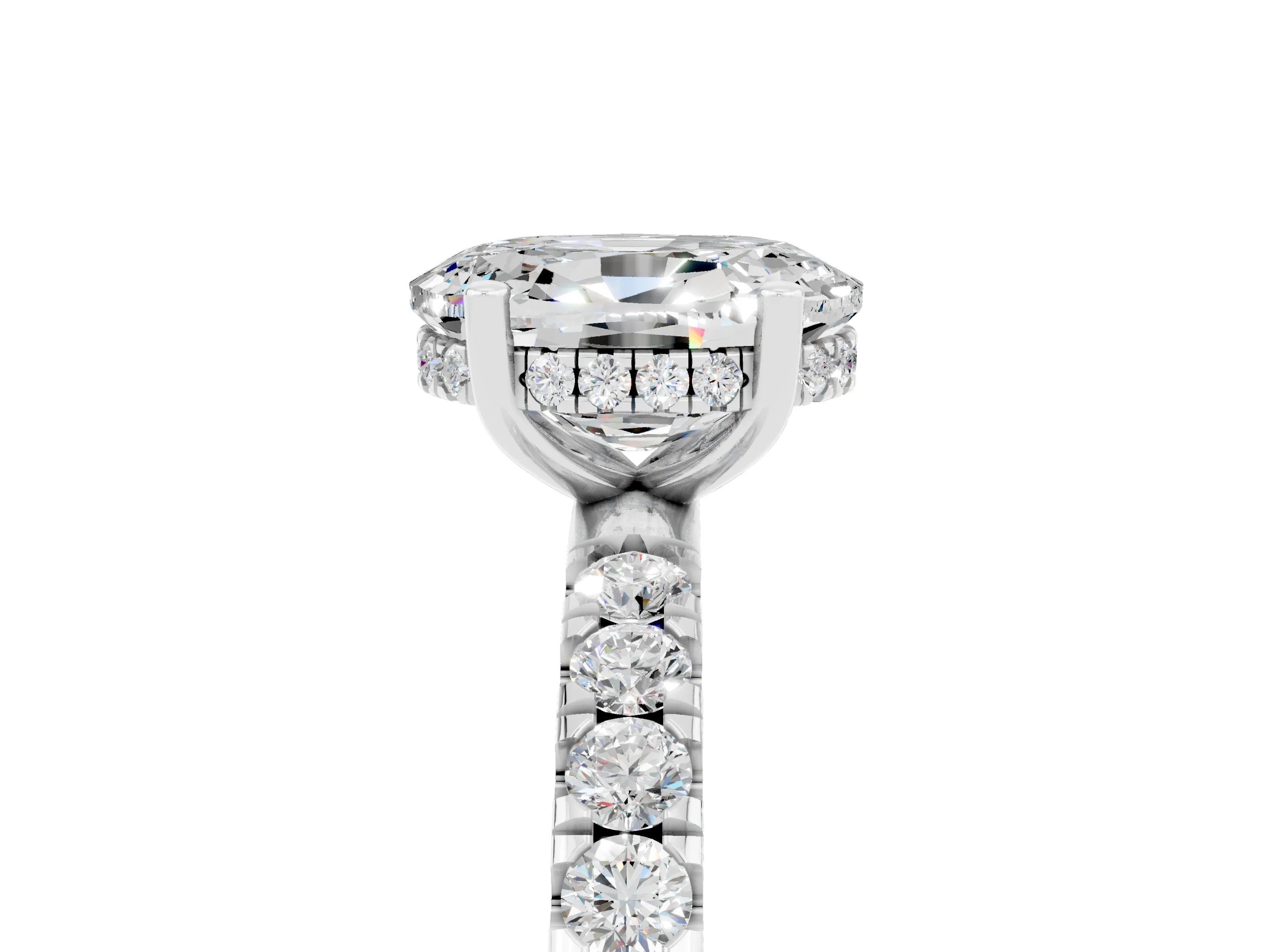 White gold Oval Cut Moissanite Pave Band Solitaire Ring with Four-Prong Setting_29