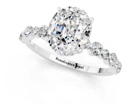 White gold Oval Cut Moissanite Prong Set Engagement Ring with Pavé Band_1