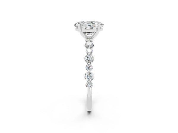 Silver Oval Cut Moissanite Prong Set Engagement Ring with Pavé Band