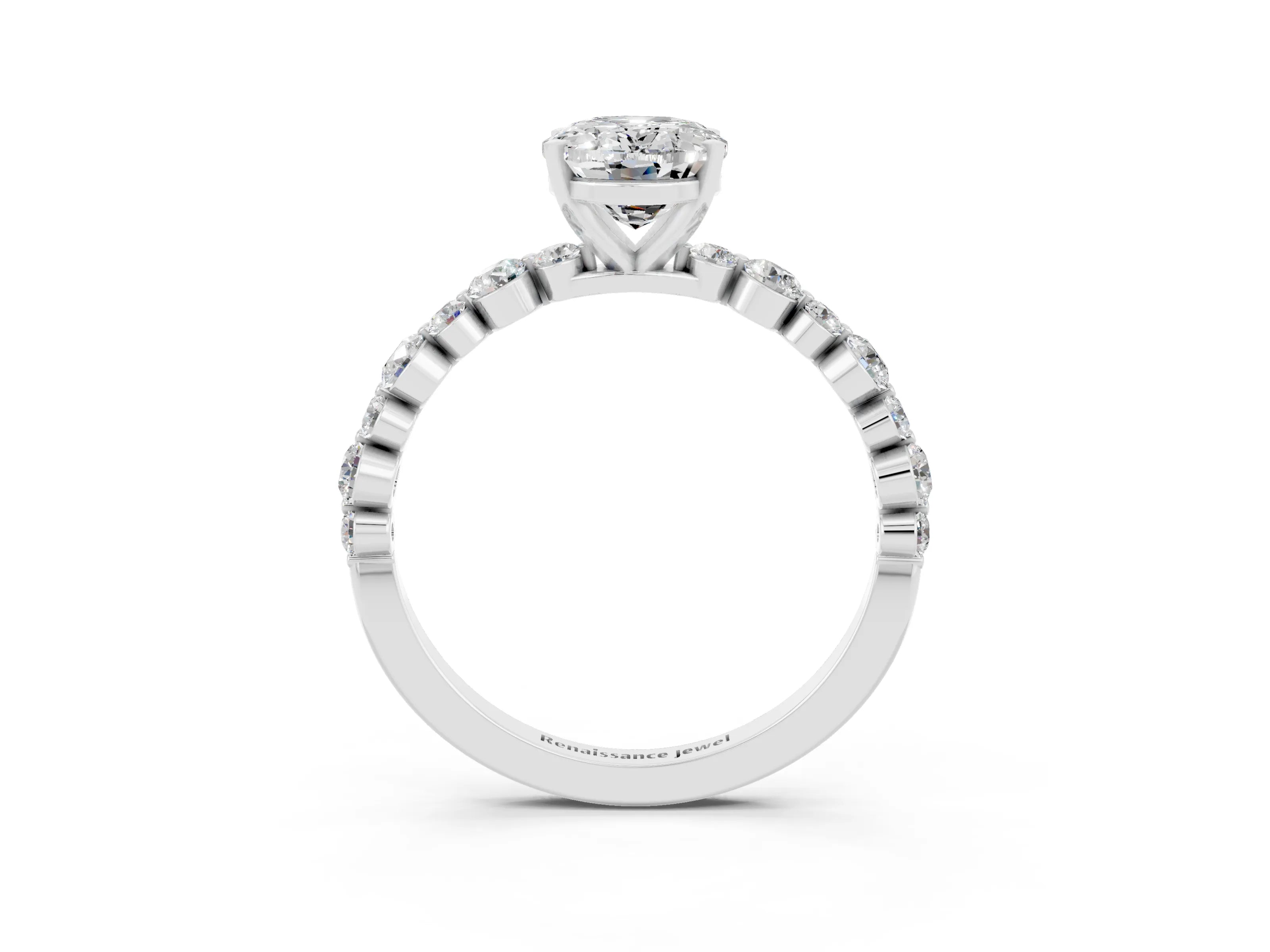 White gold Oval Cut Moissanite Prong Set Engagement Ring with Pavé Band_3