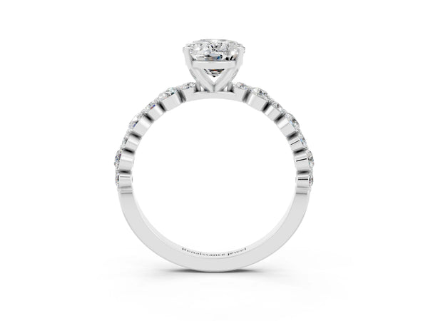Silver Oval Cut Moissanite Prong Set Engagement Ring with Pavé Band