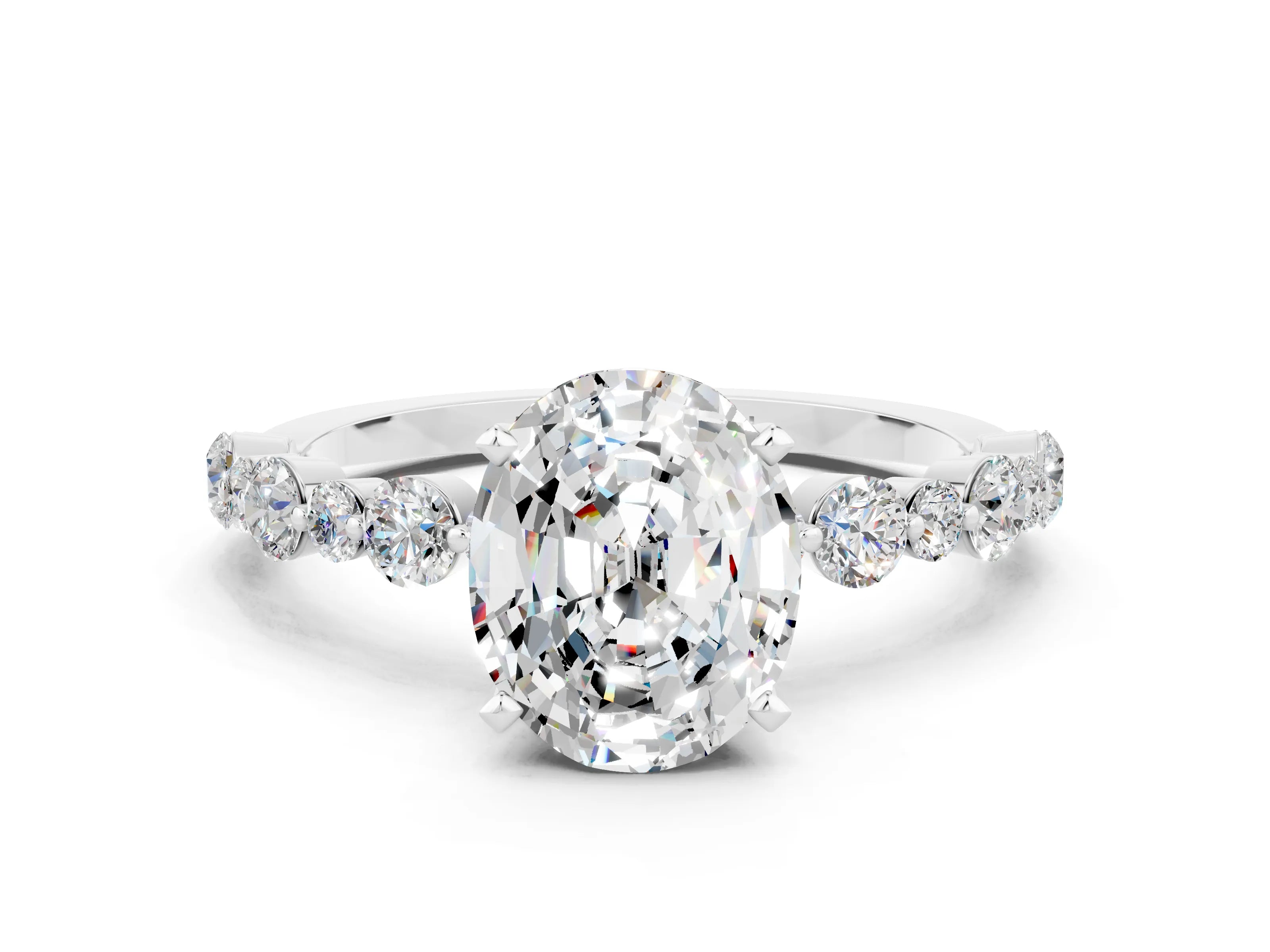 White gold Oval Cut Moissanite Prong Set Engagement Ring with Pavé Band