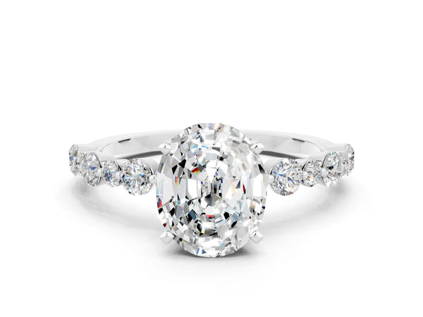 Silver Oval Cut Moissanite Prong Set Engagement Ring with Pavé Band