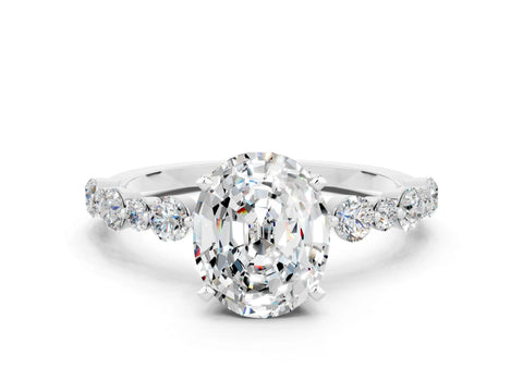 White gold Oval Cut Moissanite Prong Set Engagement Ring with Pavé Band