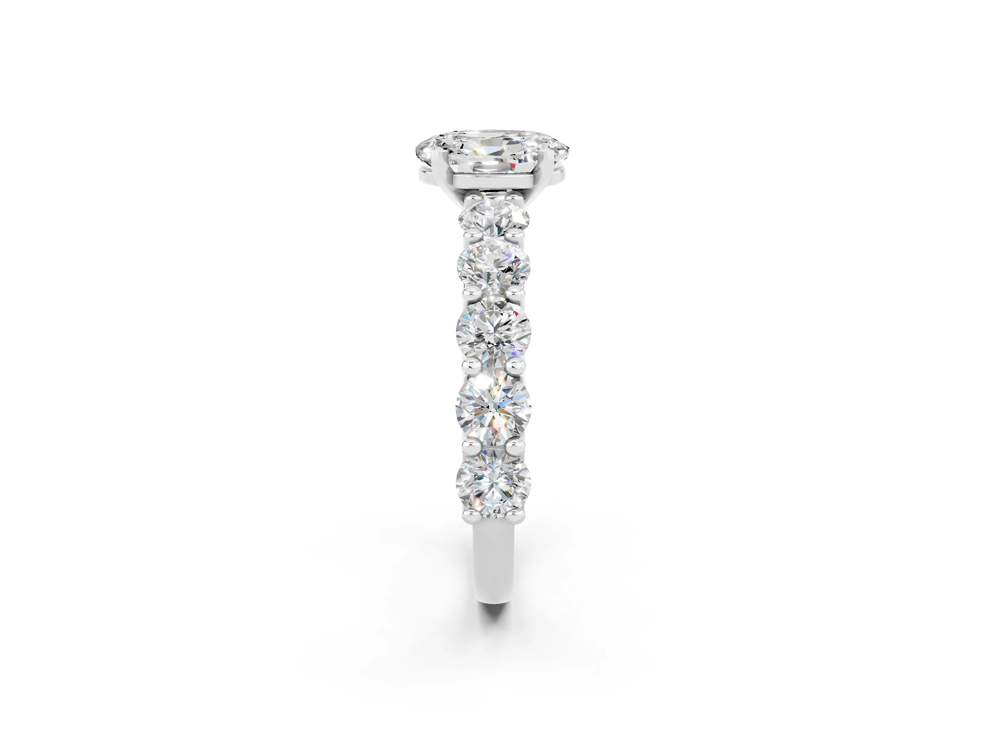 White gold Oval Cut Moissanite Prong Setting with Side Stones on a Pave Band_2