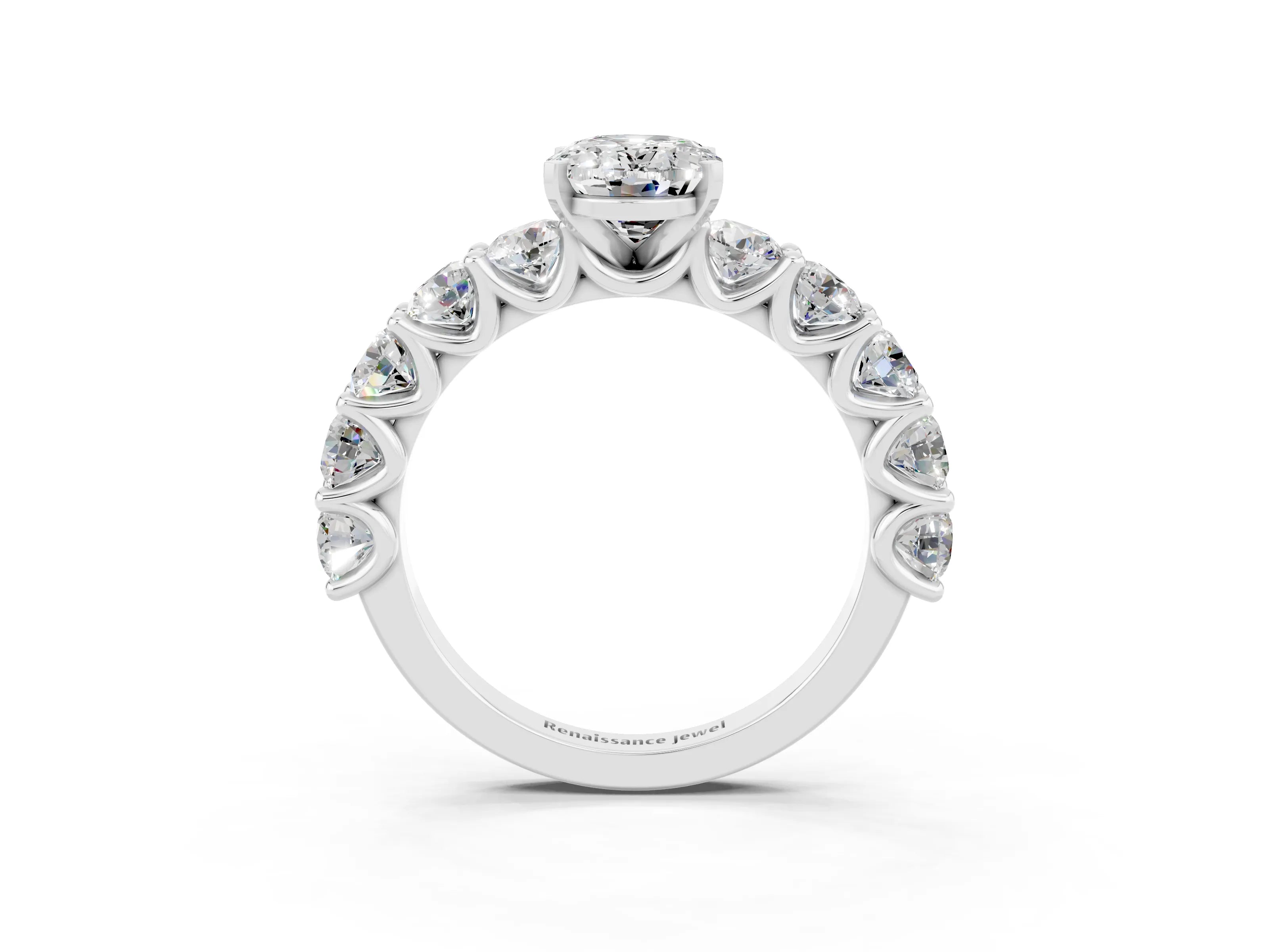 White gold Oval Cut Moissanite Prong Setting with Side Stones on a Pave Band_3