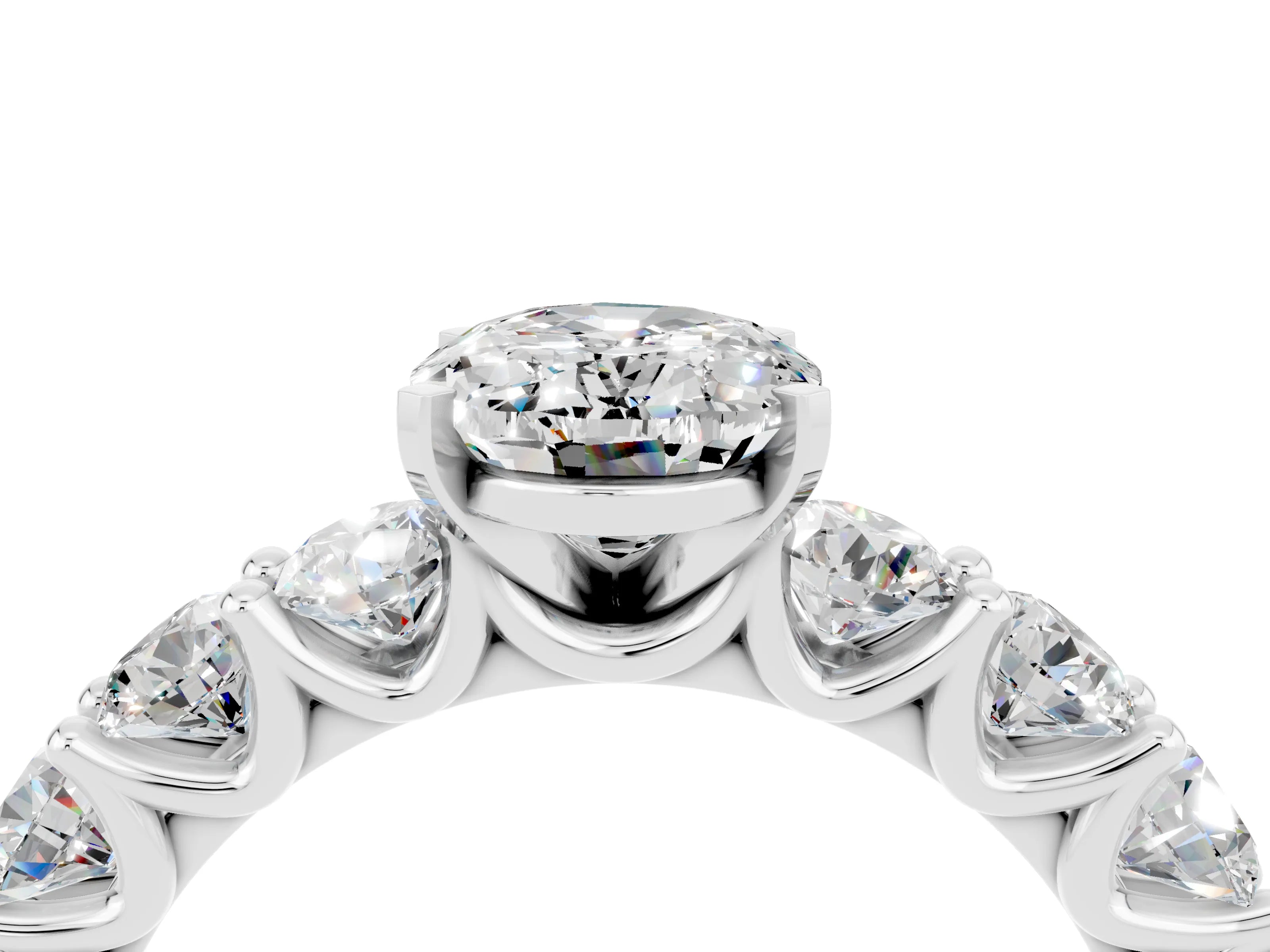 White gold Oval Cut Moissanite Prong Setting with Side Stones on a Pave Band_4