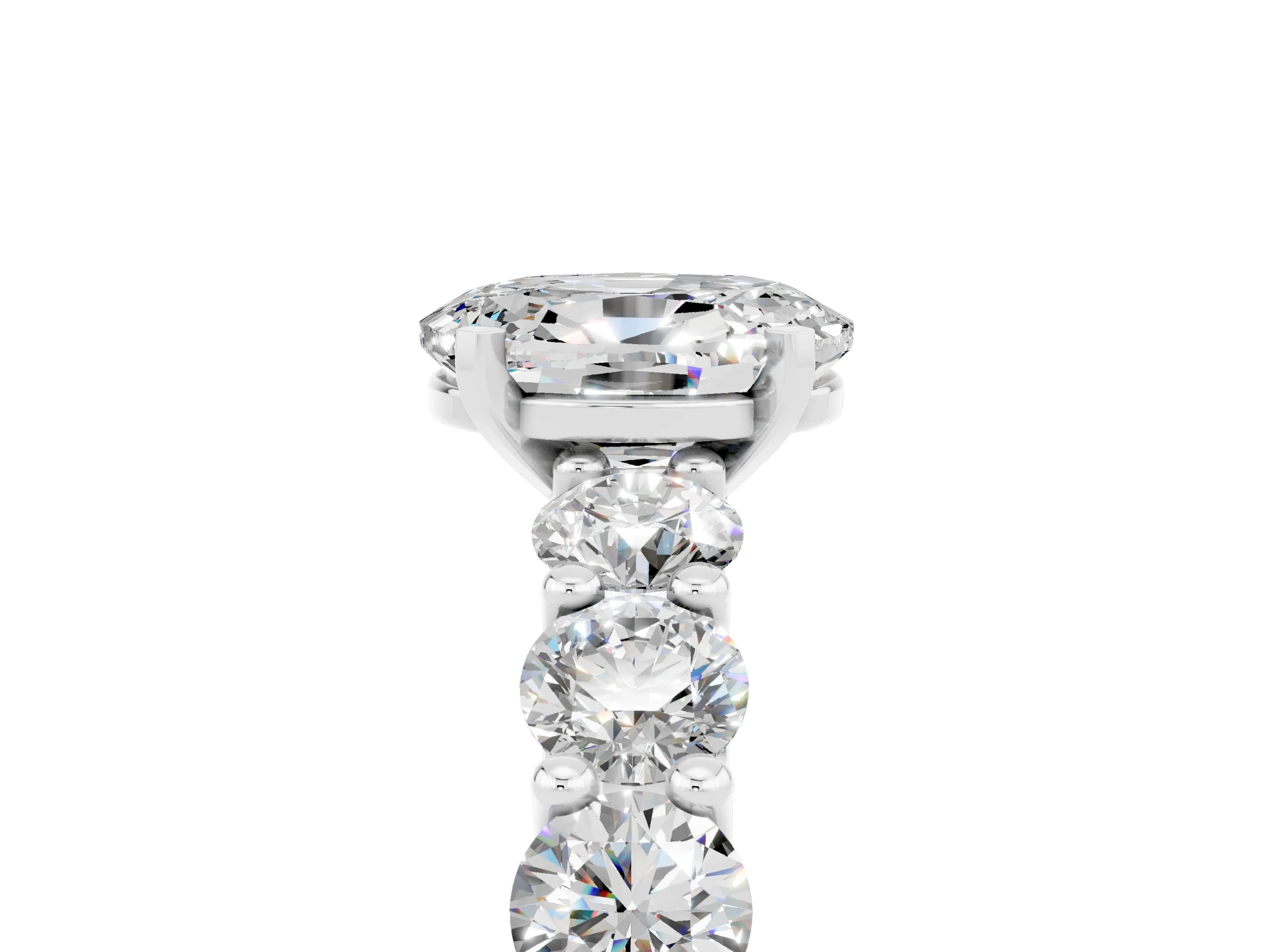 White gold Oval Cut Moissanite Prong Setting with Side Stones on a Pave Band_5