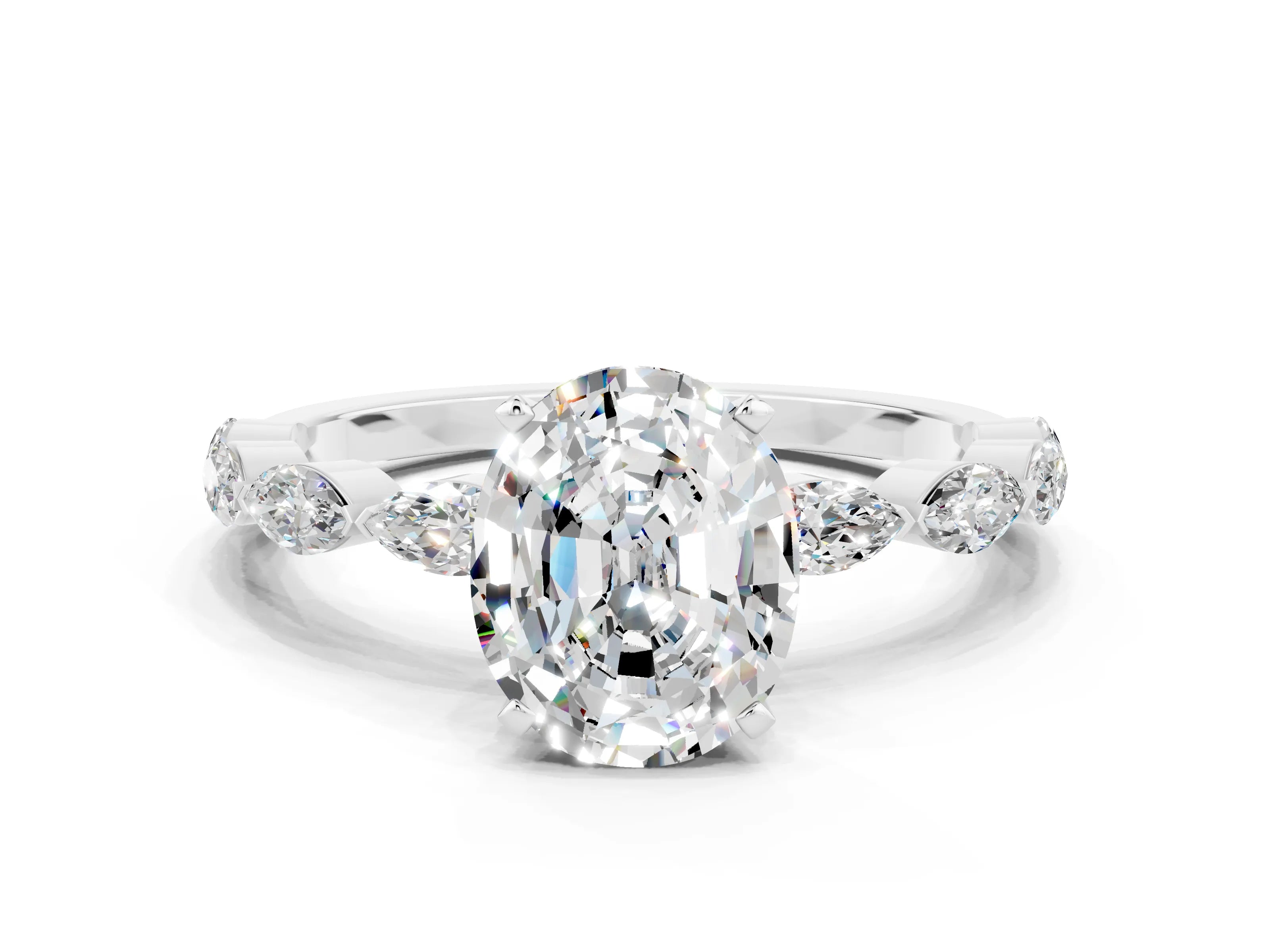 White gold Oval Cut Moissanite Ring with Marquise Side Stones and Prong Setting