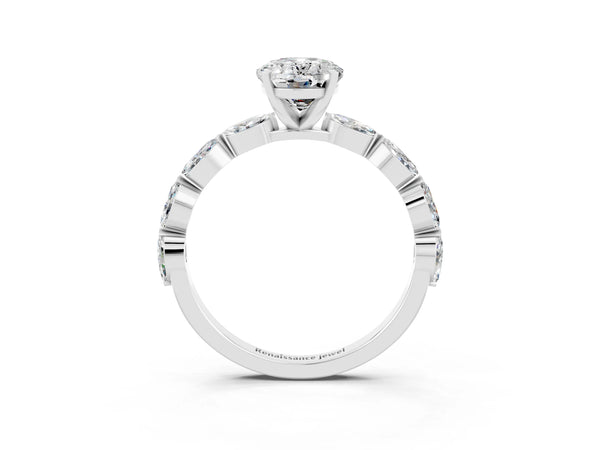 Silver Oval Cut Moissanite Ring with Marquise Side Stones and Prong Setting