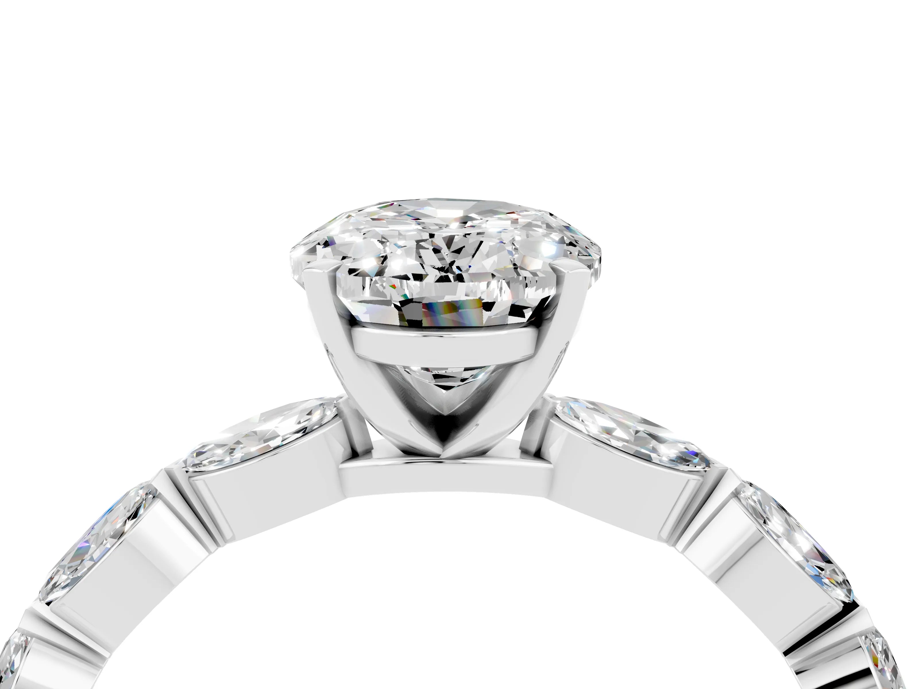 White gold Oval Cut Moissanite Ring with Marquise Side Stones and Prong Setting_4