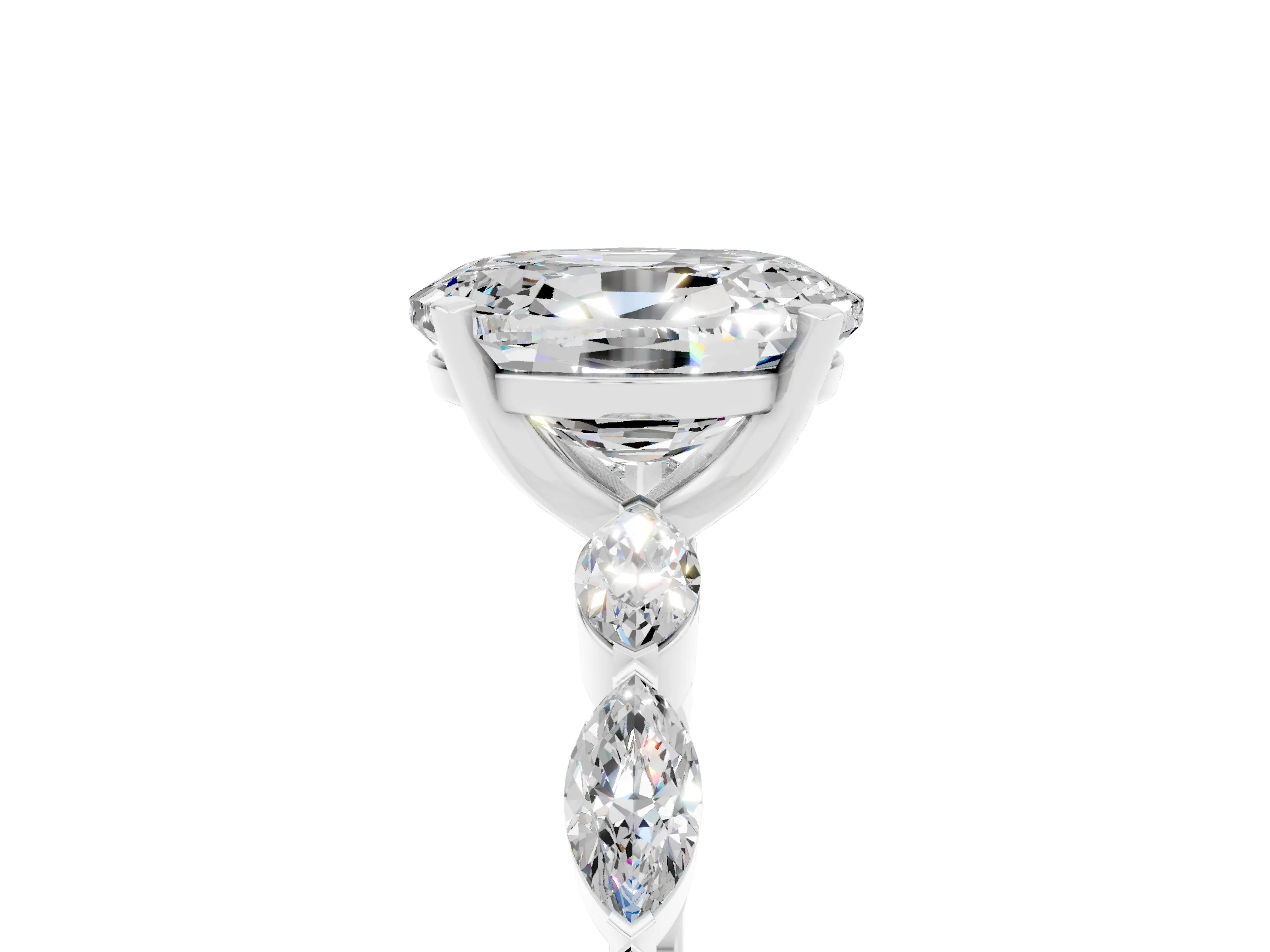 White gold Oval Cut Moissanite Ring with Marquise Side Stones and Prong Setting_5