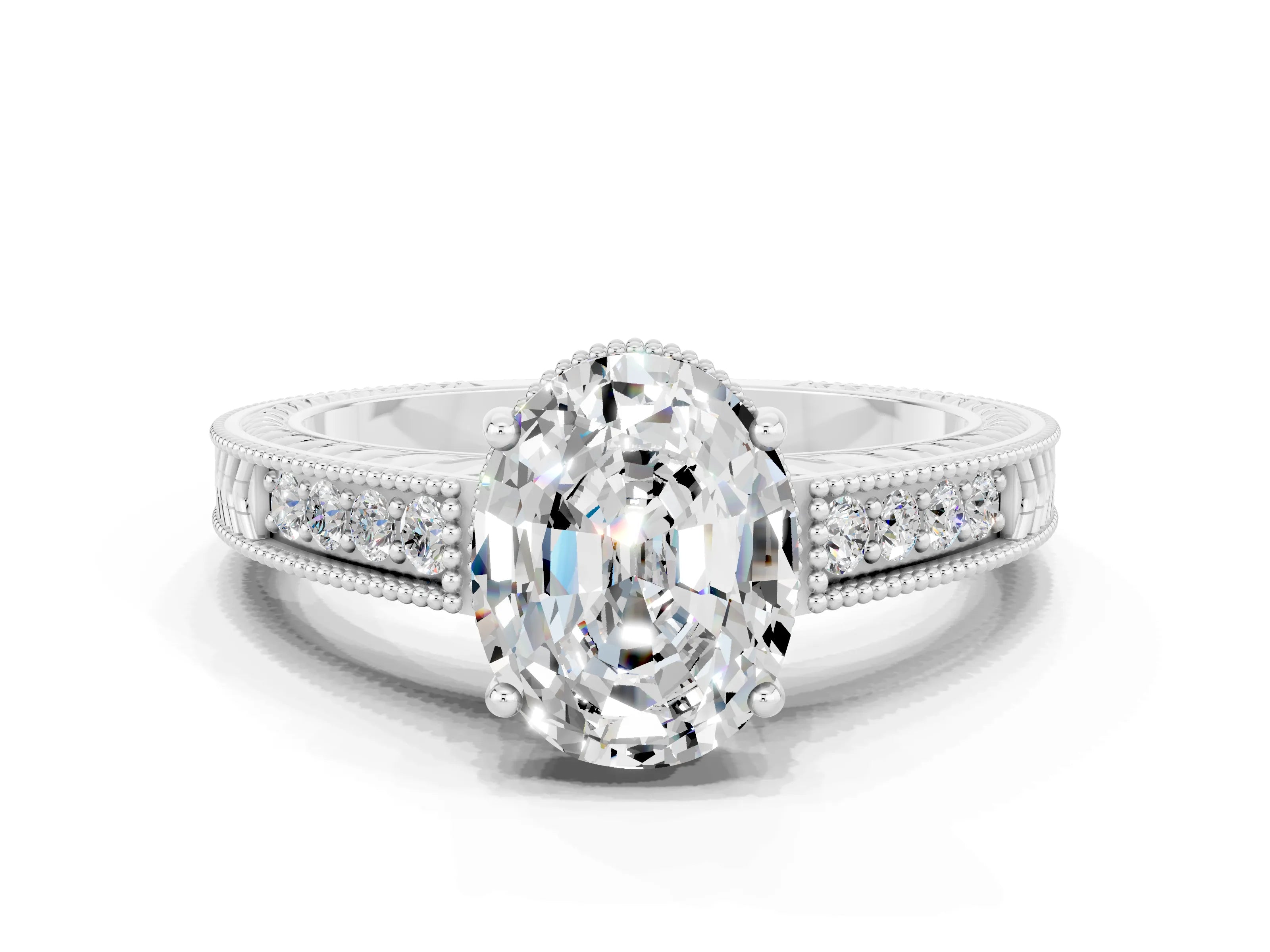 White gold Oval Cut Moissanite Ring with Milgrain Pavé Band and Four-Prong Setting_12